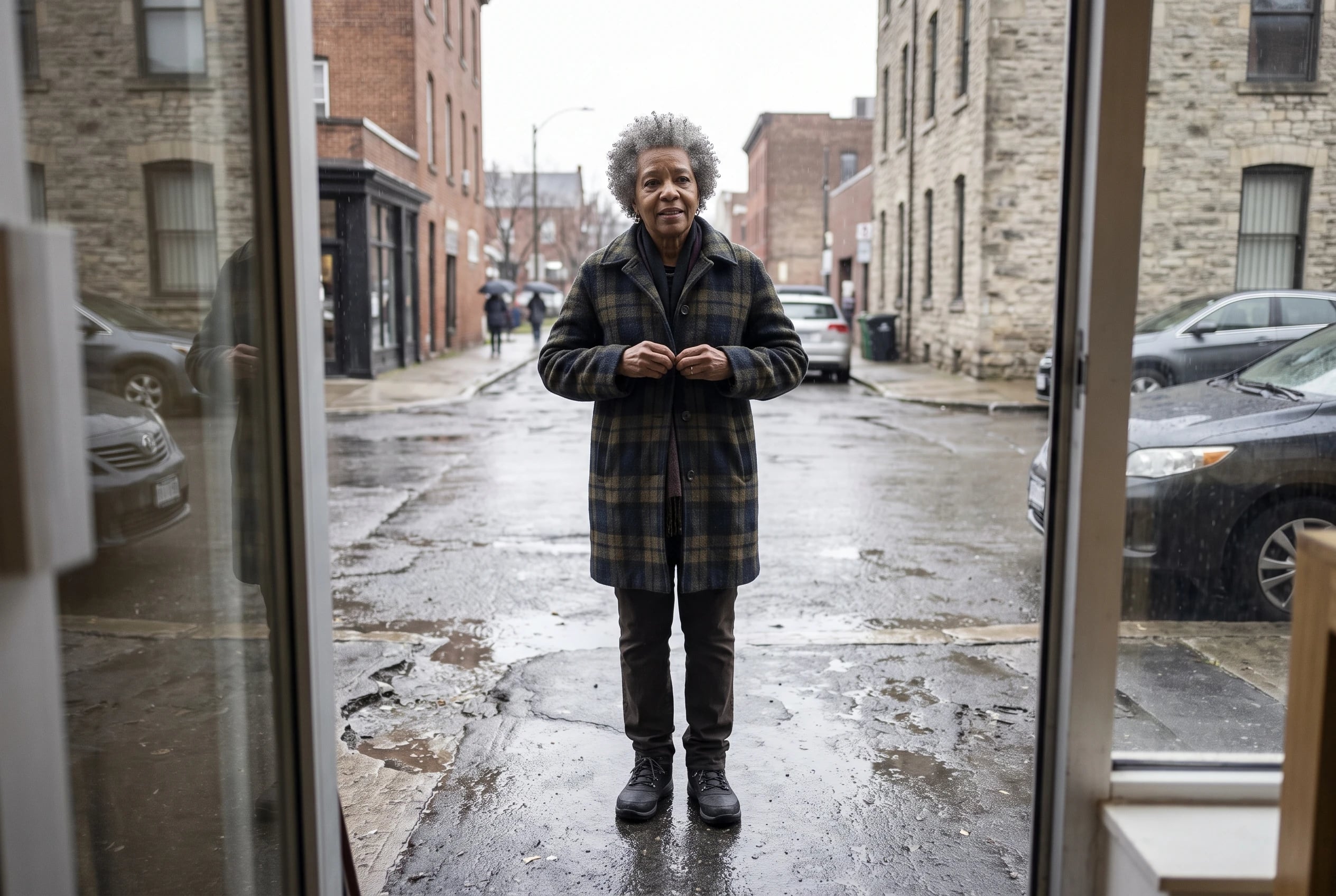 A checked wool coat fills the center of the frame as a woman in her sixties buttons it outside a shop on a rainy street, with no writing visible.