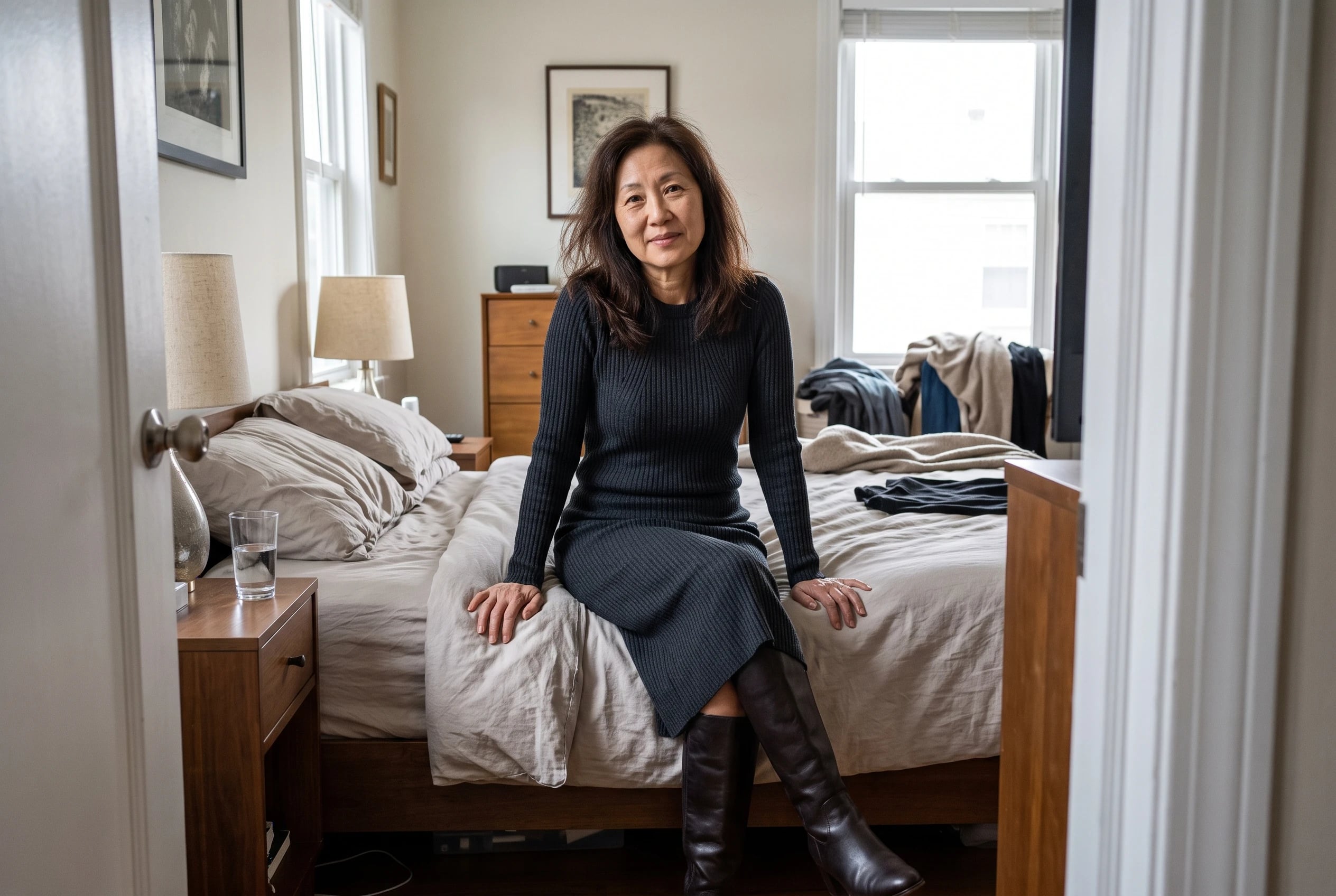 A dark ribbed knit dress fills the center of the frame as a woman in her fifties sits to test its fit in a bedroom, wearing tall boots, with no writing visible.