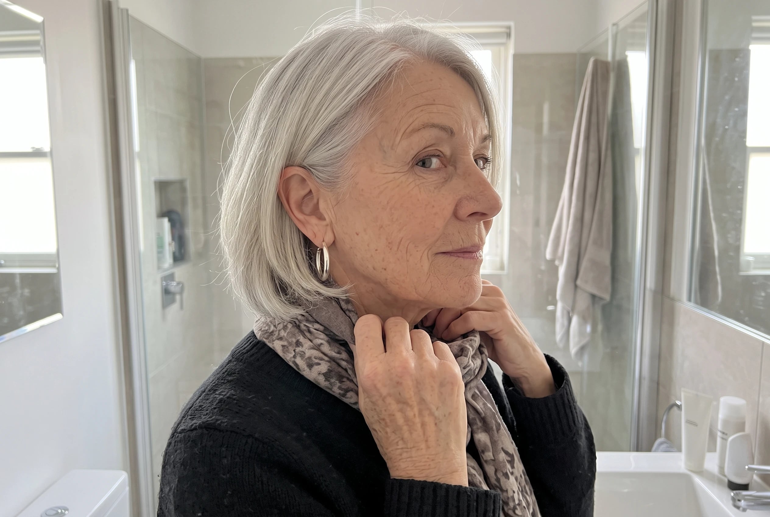 Silver hoop earrings fill the center of the frame as a woman in her sixties puts on a scarf in a bright bathroom, with no writing visible.