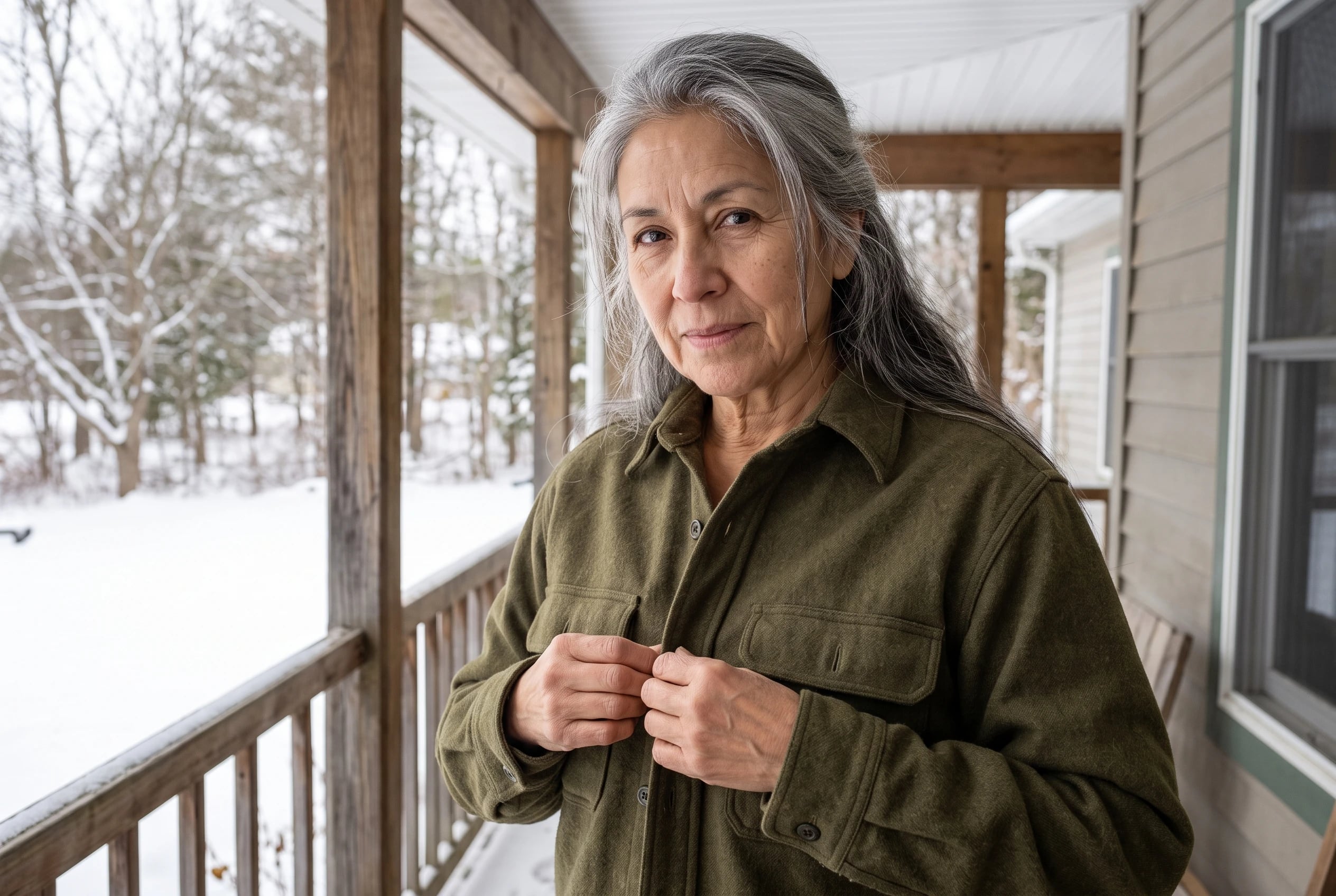 An olive wool overshirt fills the center of the frame as a woman in her sixties buttons it on a covered porch with snow beyond, with no writing visible.