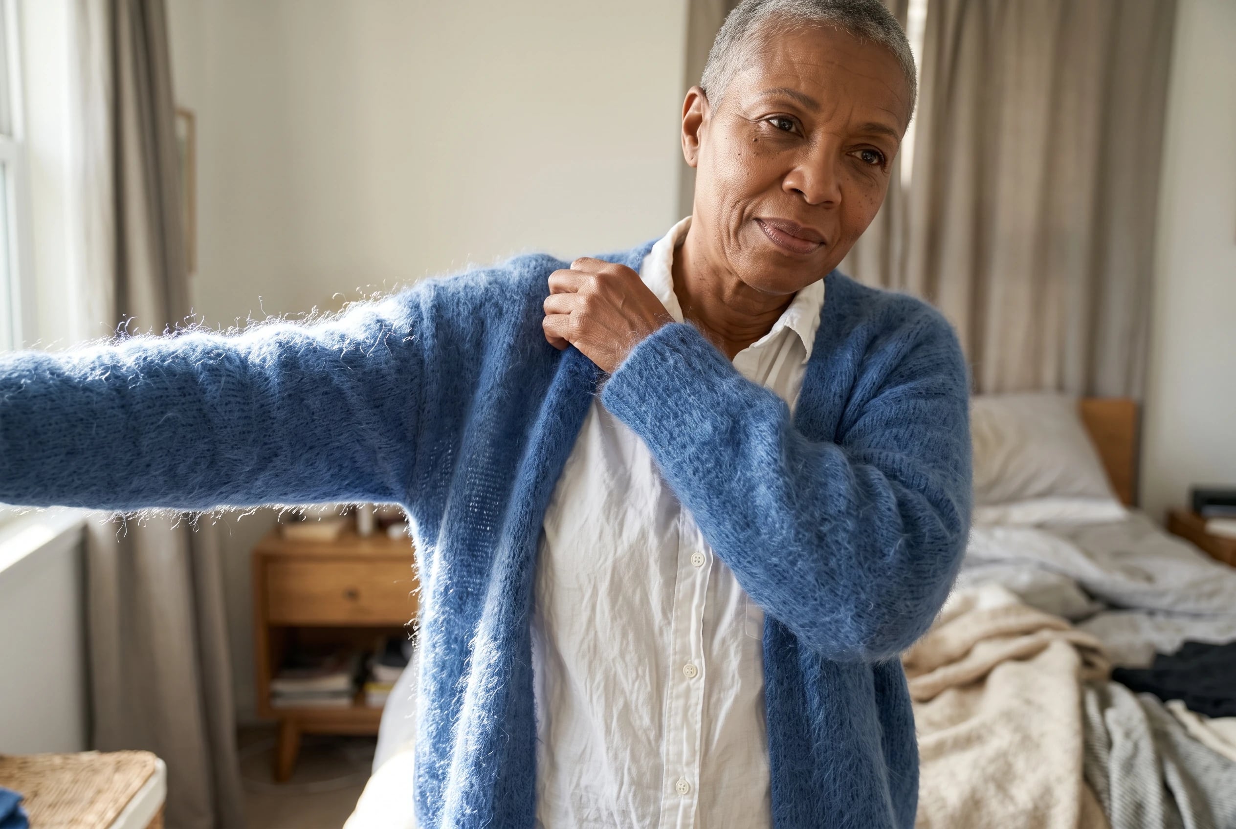 A brushed blue mohair cardigan fills the center of the frame as a woman in her sixties pulls it over a white shirt in her bedroom, with no writing visible.