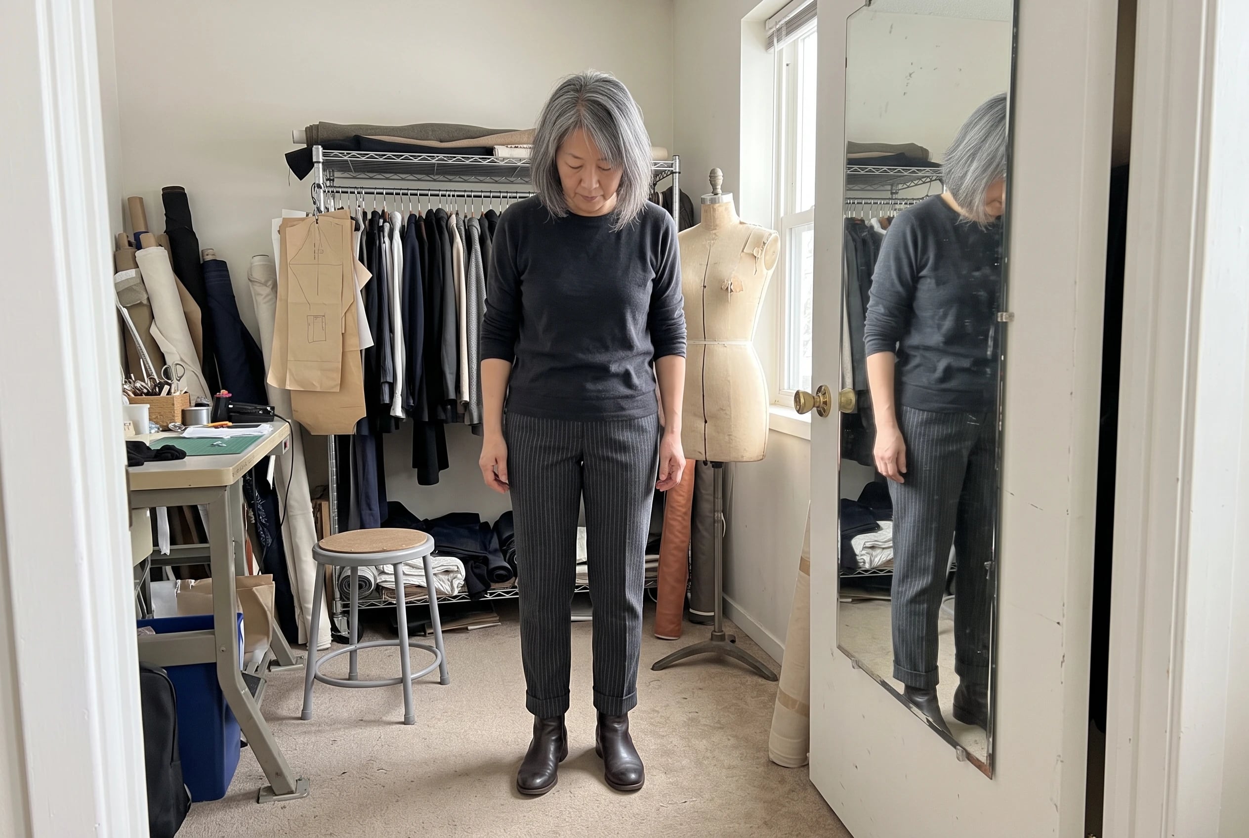 Charcoal pinstripe trousers fill the center of the frame as a woman in her fifties checks their hems above her boots in a tailor's fitting room, with no writing visible.