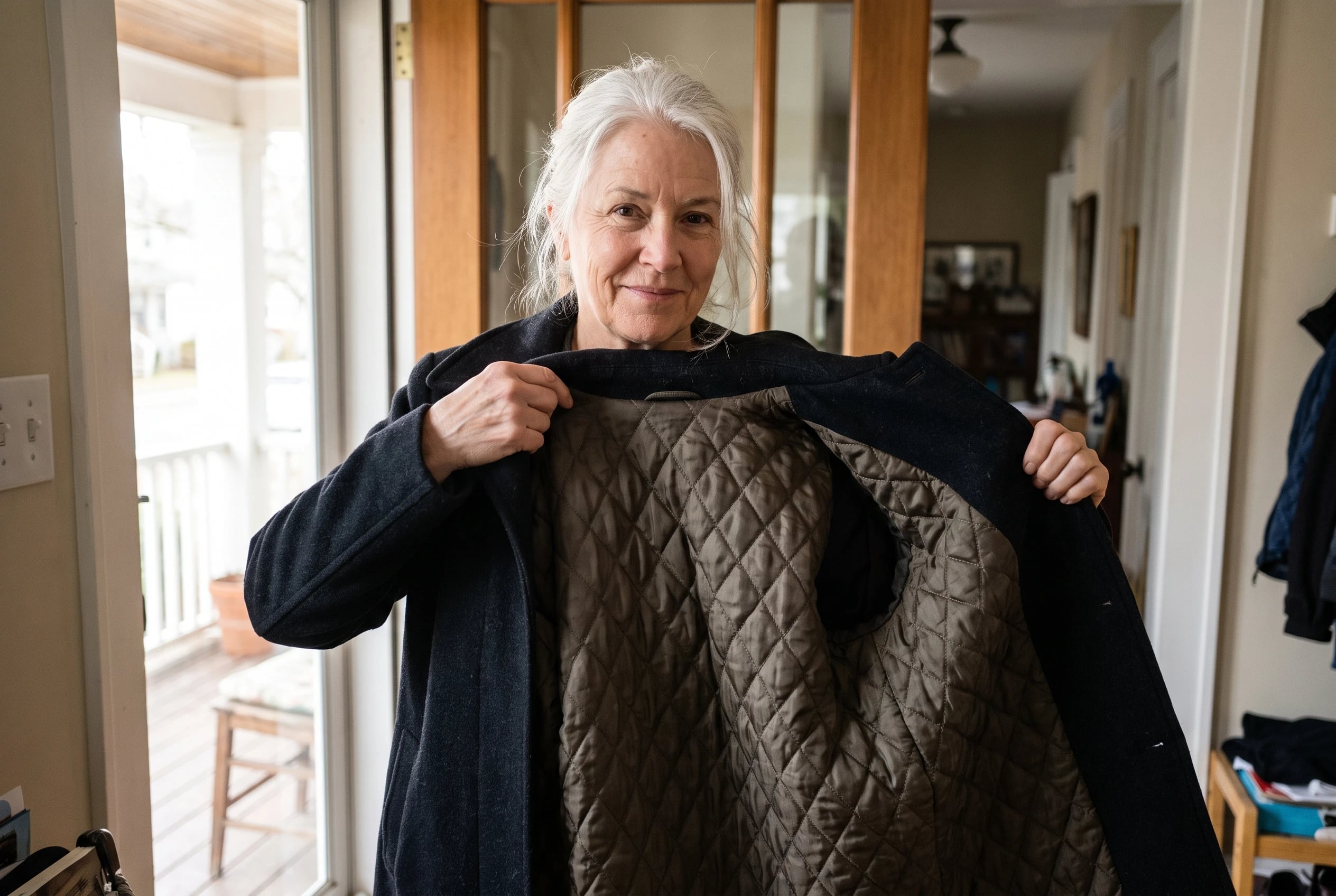 A quilted coat liner fills the center of the frame as a woman in her sixties holds open her wool coat at a front door, with no writing visible.