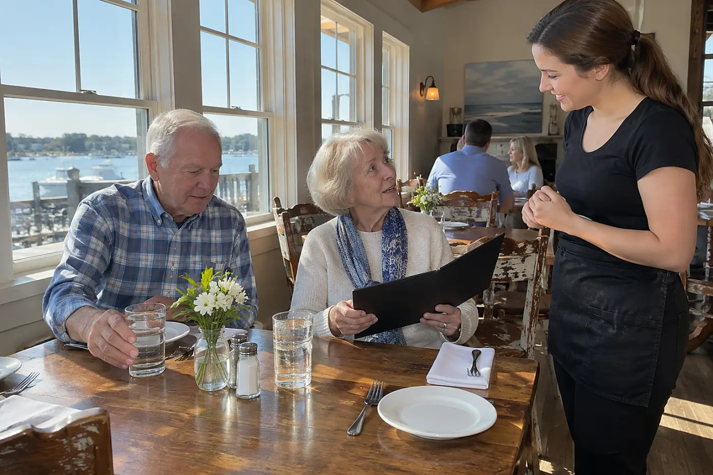 Older woman ordering from a menu at a restaurant table.