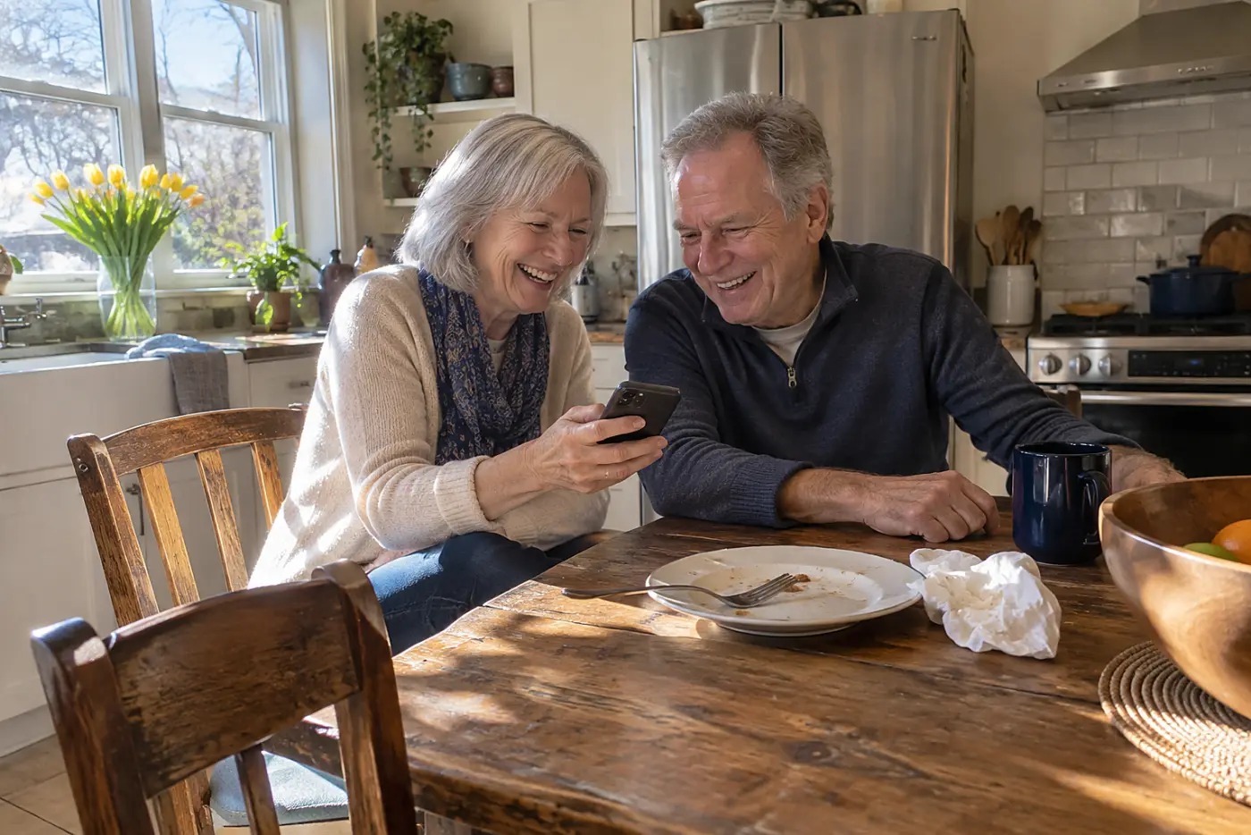 Older woman looking at a photograph on her phone after lunch.