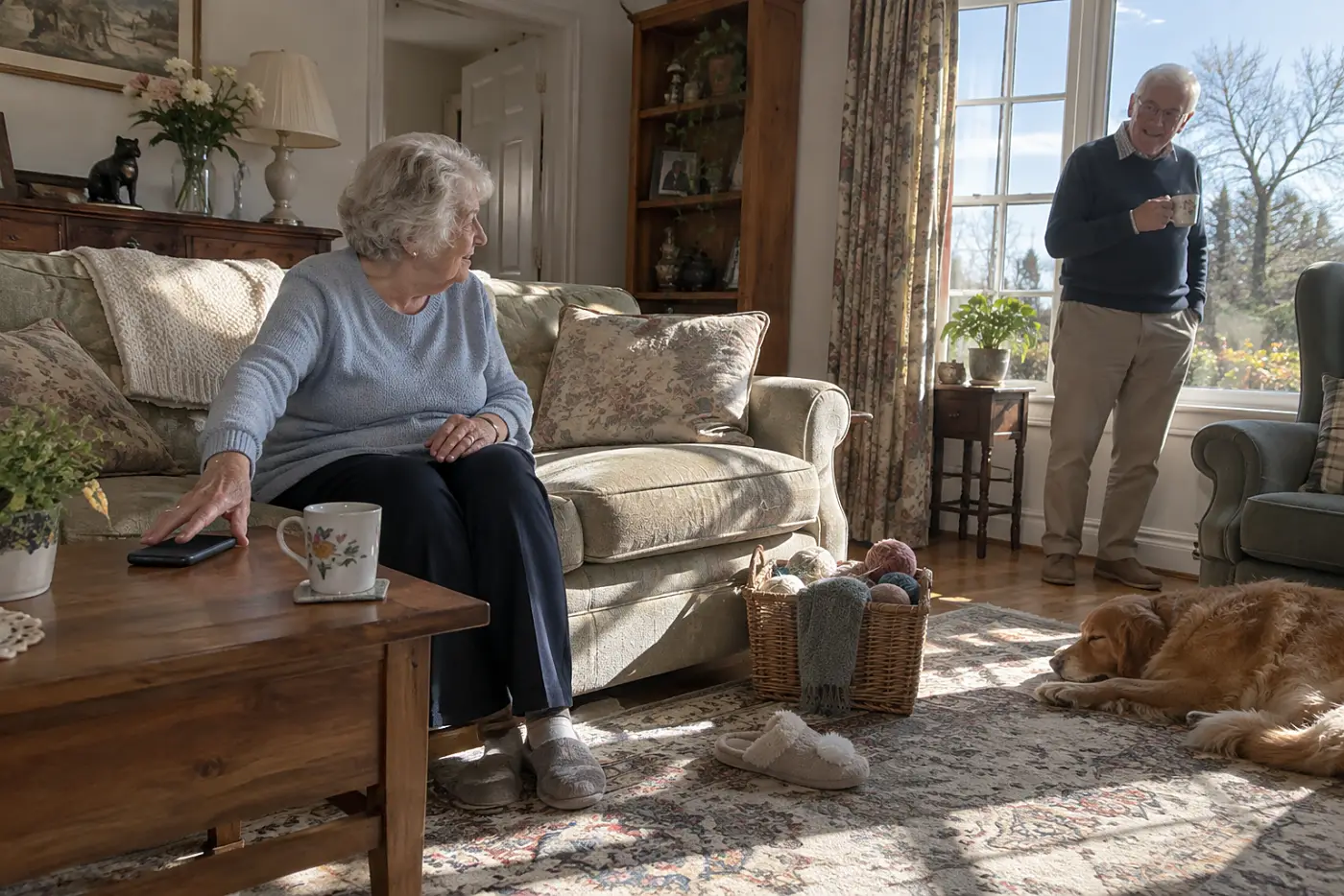 Older woman silencing a group chat on her phone at home.