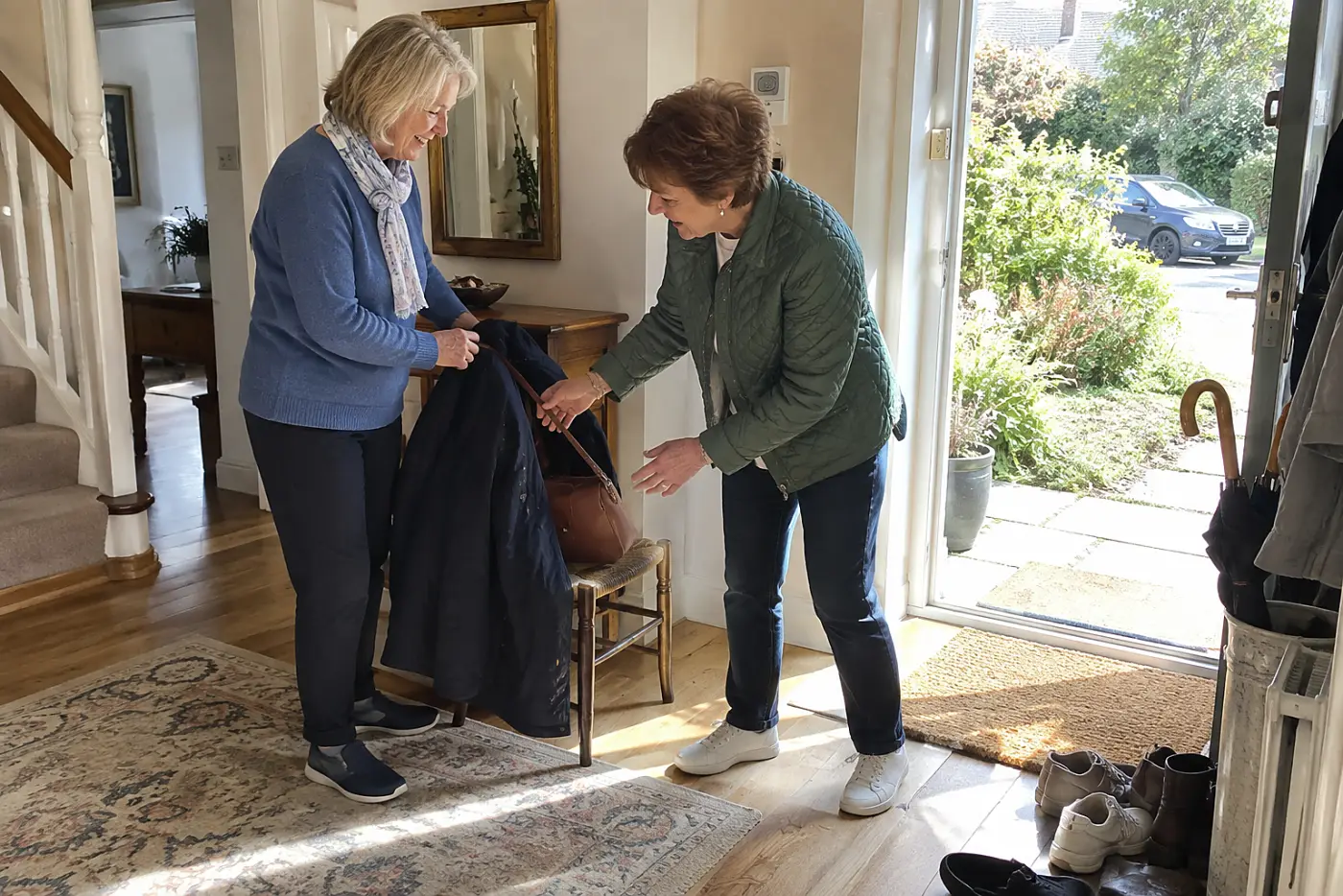 Older woman collecting her coat beside a friend’s front door.
