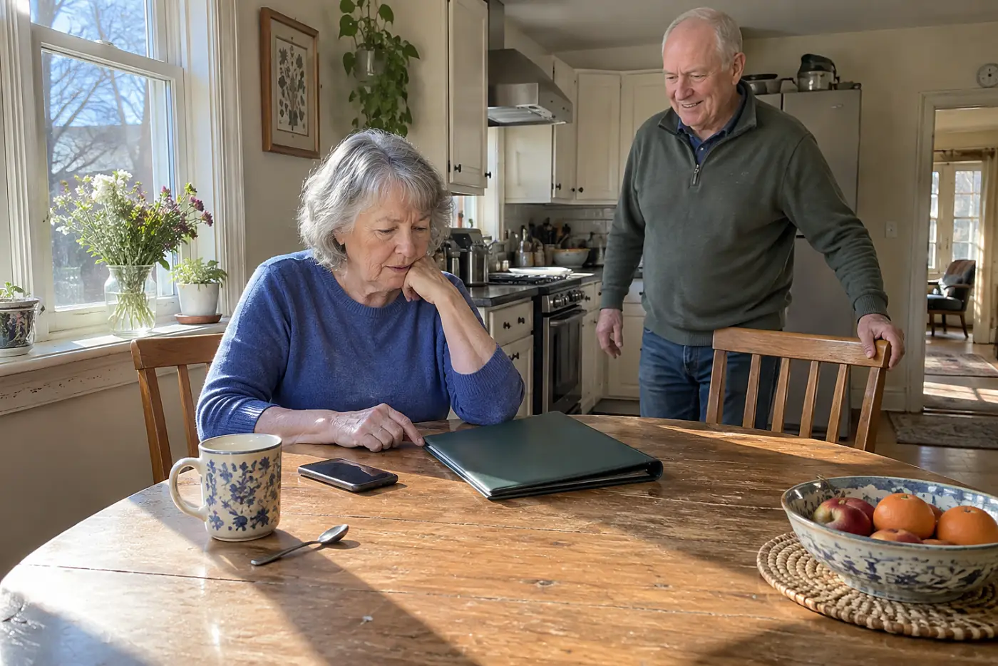 Older woman checking her calendar while reading an invitation on her phone.