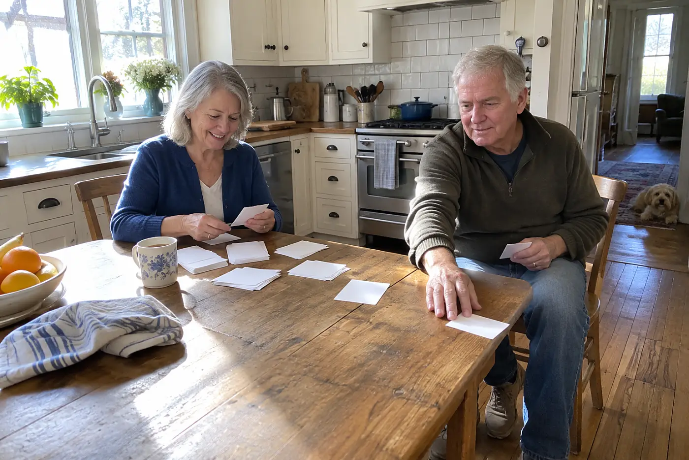 Older woman sorting holiday cards at her kitchen table.