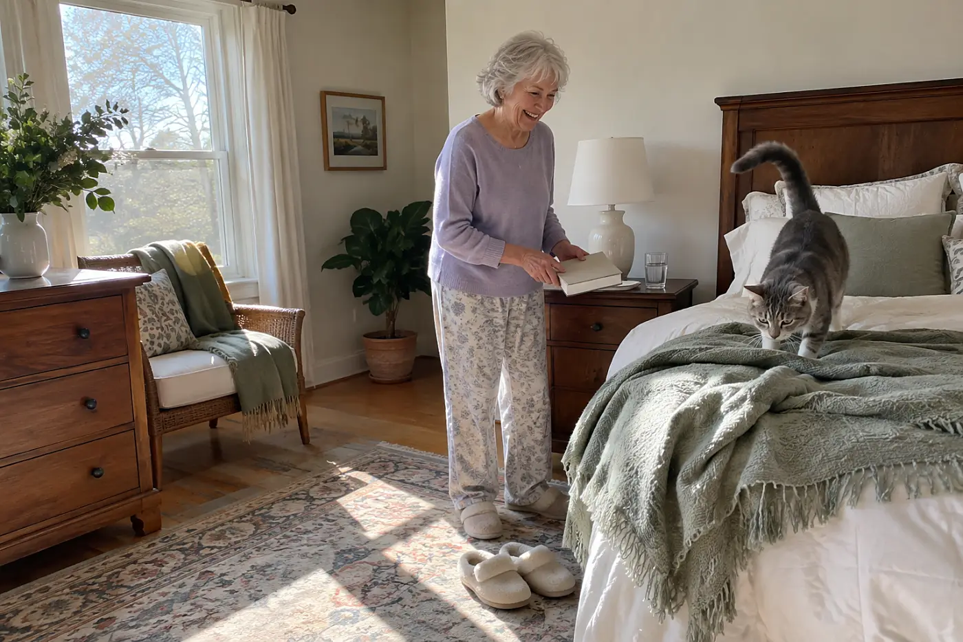 Older woman closing a book beside her bed.