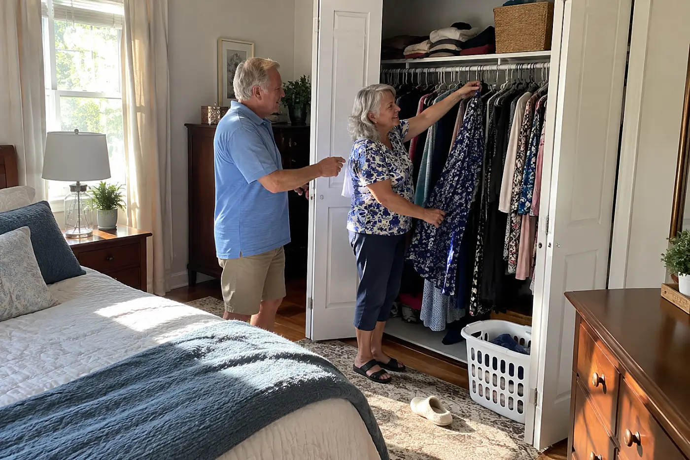 Older woman taking a dress from the back of her bedroom closet.