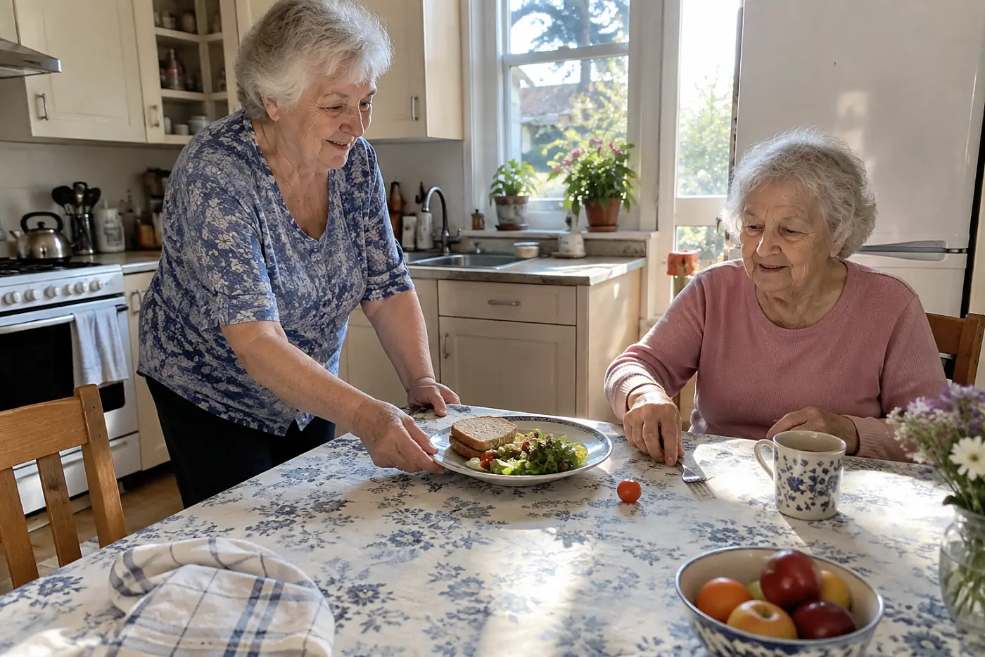 Older woman serving lunch on a patterned plate at her kitchen table.