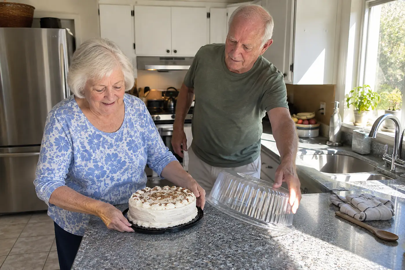 Older woman setting a bakery cake on her kitchen counter.