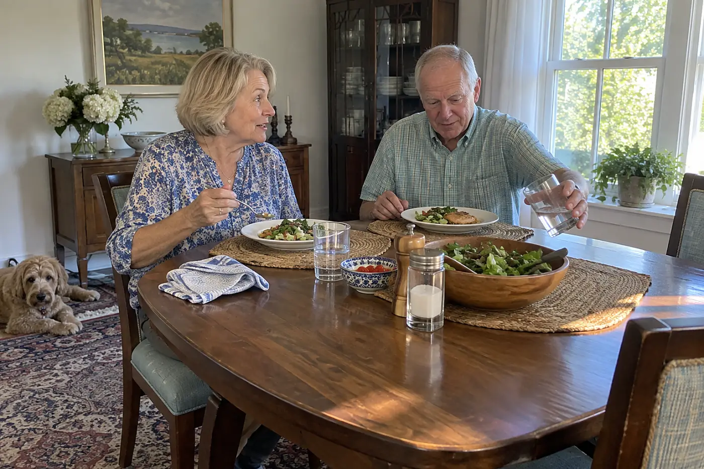 Older woman turning toward a dinner companion at her dining table.