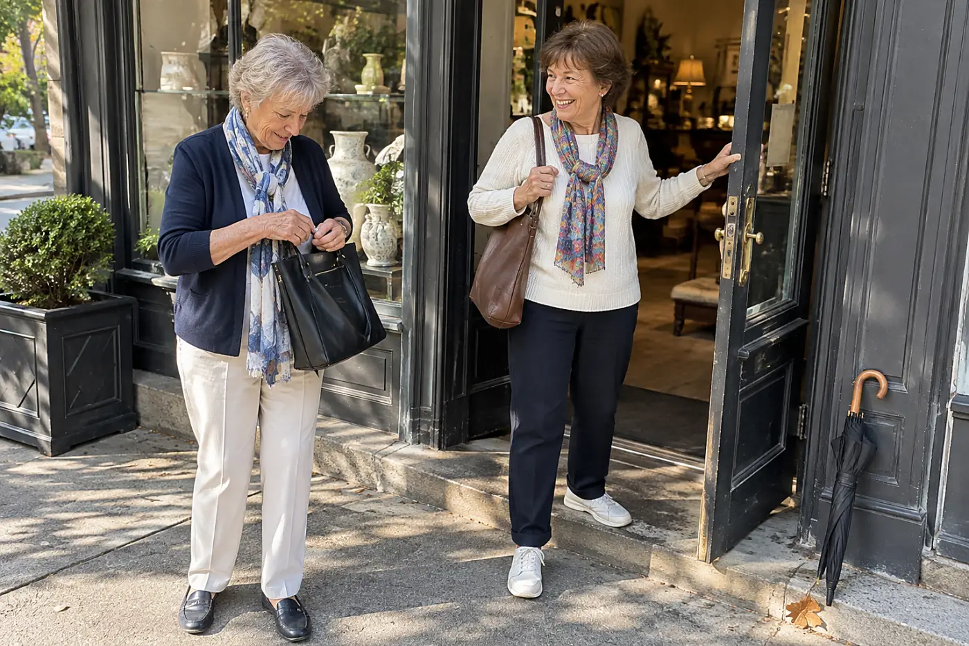Older woman putting lipstick back in her bag outside a shop.