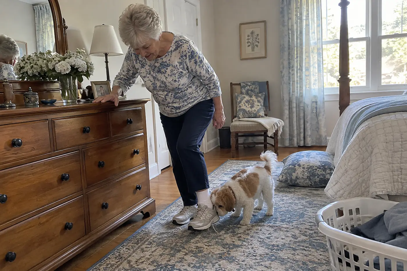 Older woman trying on walking shoes beside her bedroom mirror.