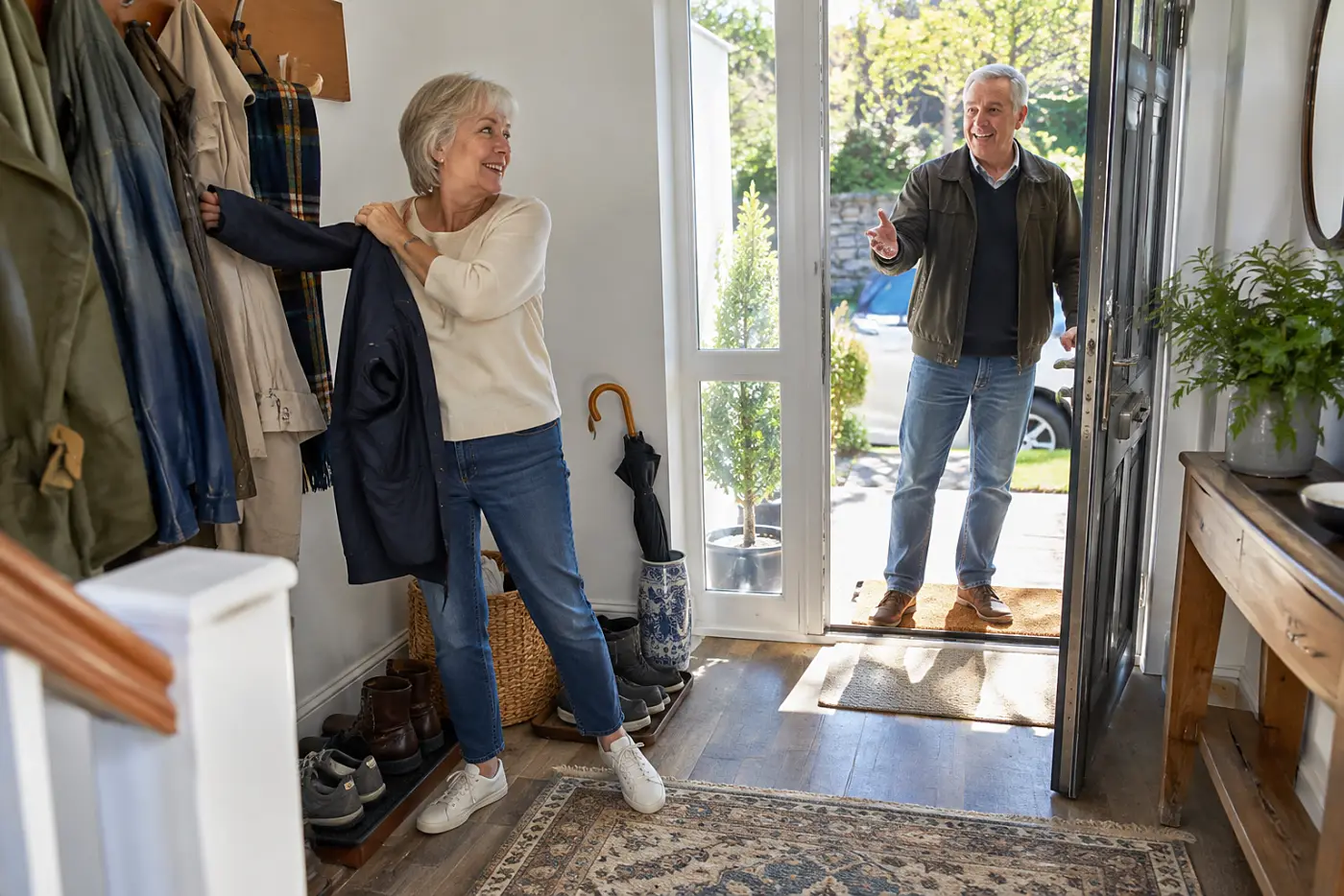 Older woman taking a familiar jacket from a hook by her front door.