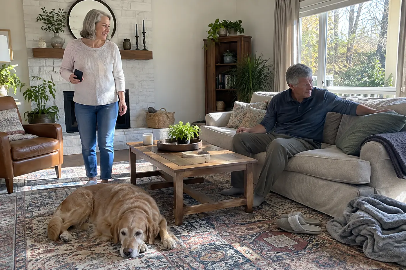 Older woman ending a phone call in her living room.