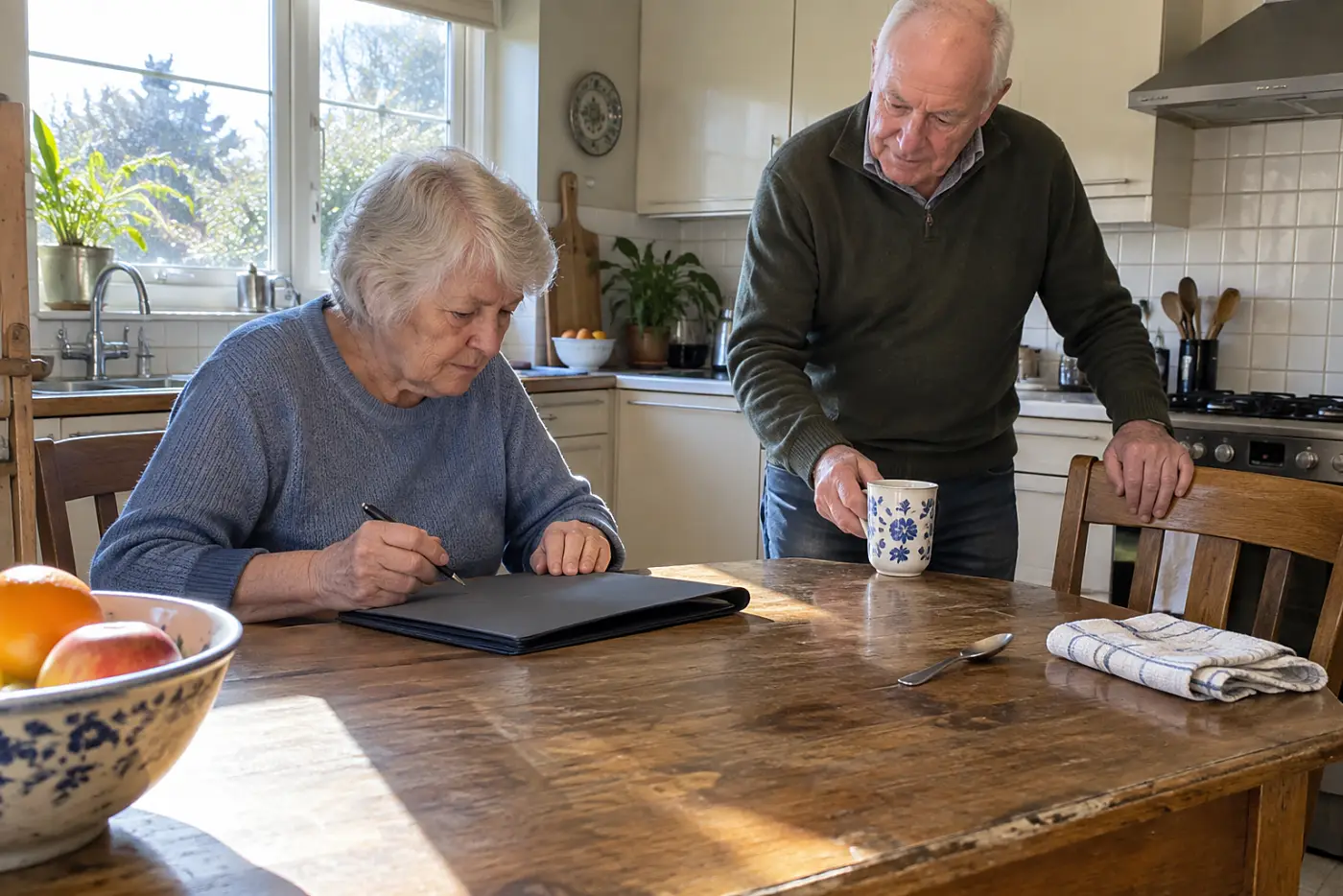 Older woman entering a birthday in a calendar at home.