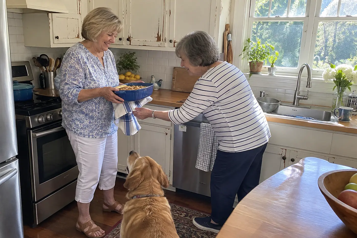 Older woman picking up a blue serving dish from a friend’s kitchen.