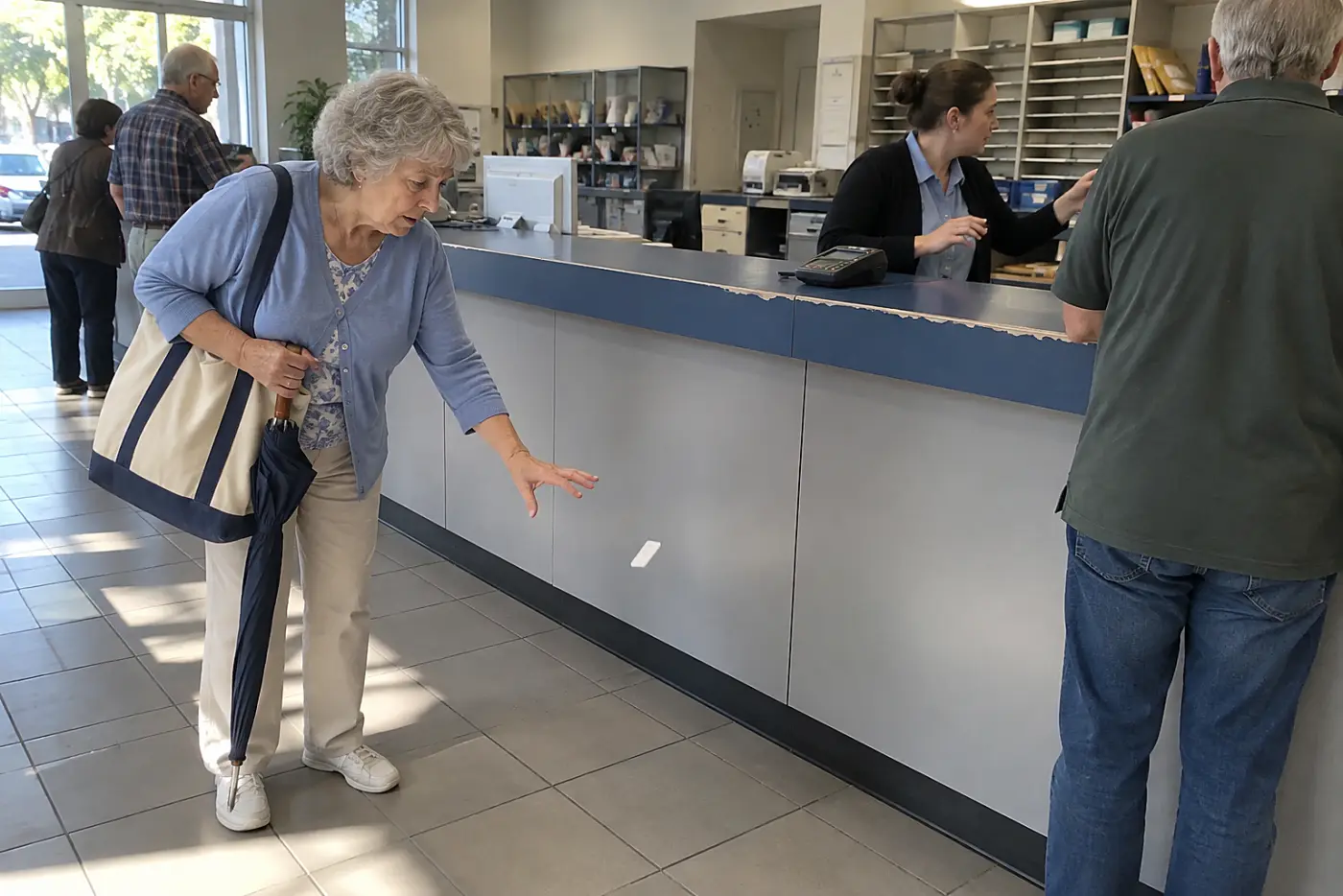 A woman in her sixties holding a numbered ticket beside the display at a post office service counter.