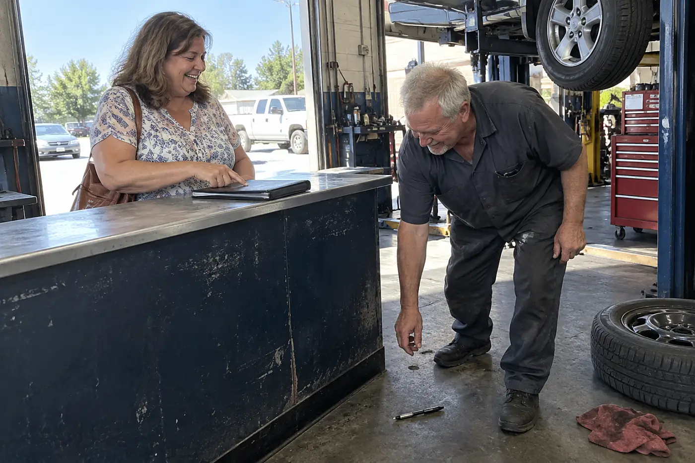 A woman in her fifties pointing to a signature line on a repair estimate at an auto shop counter.