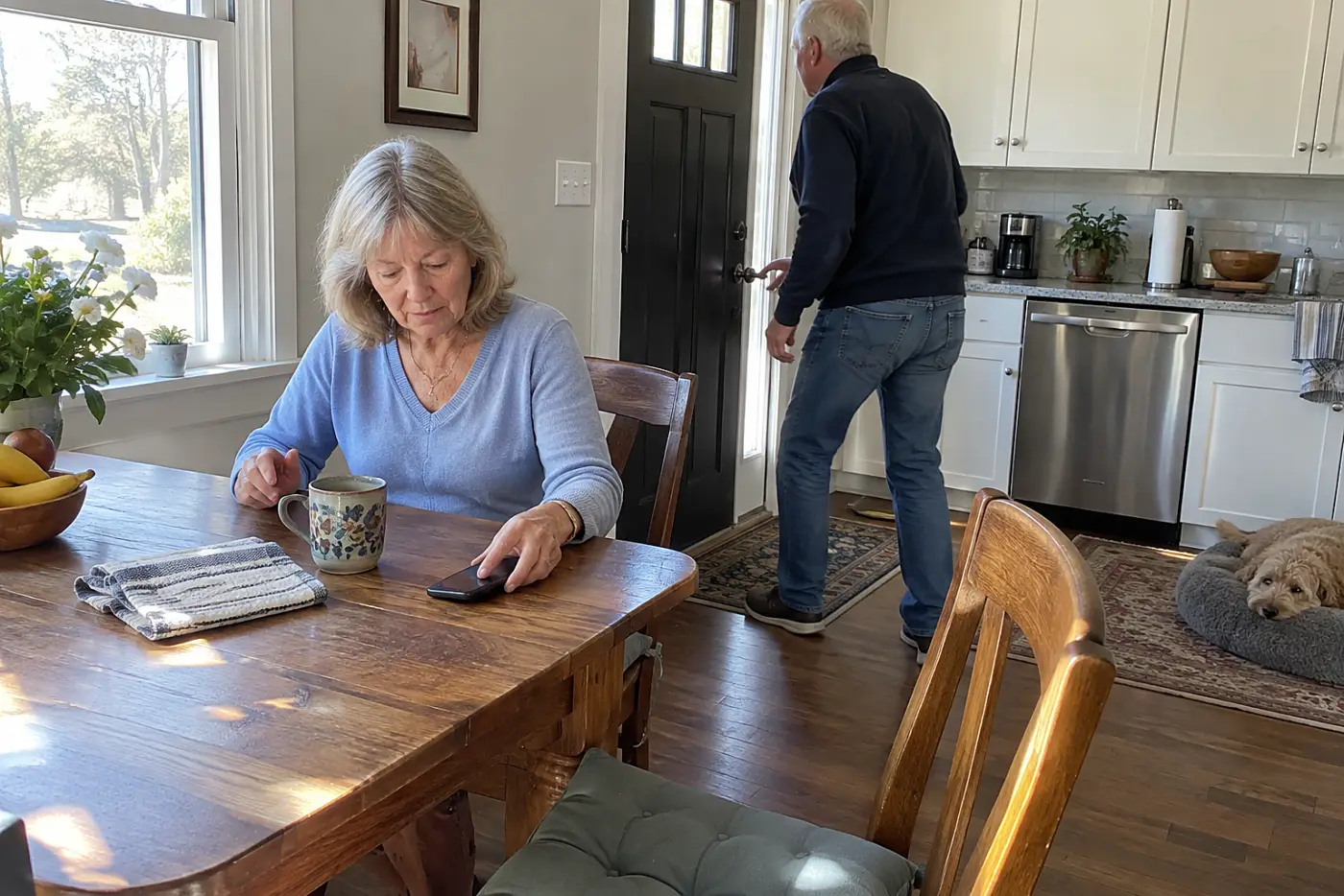 A woman in her sixties reading an airport pickup message on her phone at her kitchen table.