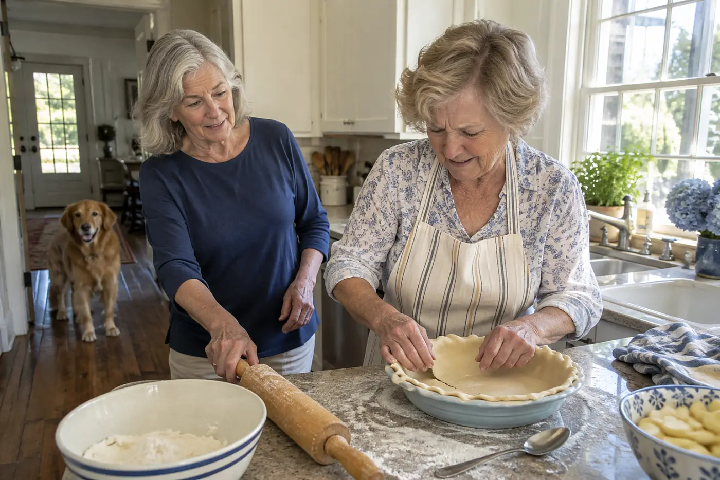 A woman in her seventies presses pastry dough into a pie dish at a kitchen counter.