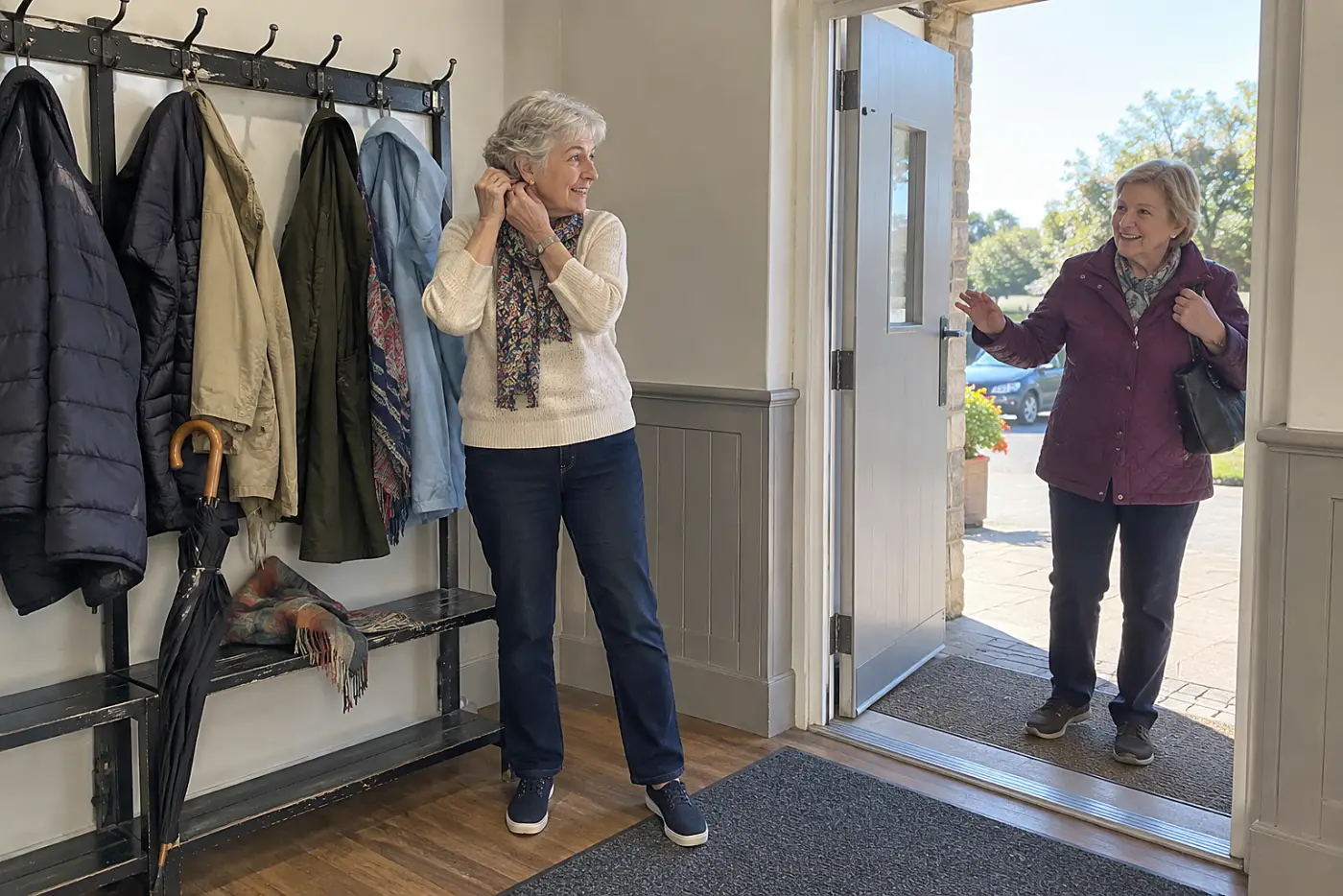 A woman in her sixties adjusts a hearing aid beside the coat rack in a community hall.
