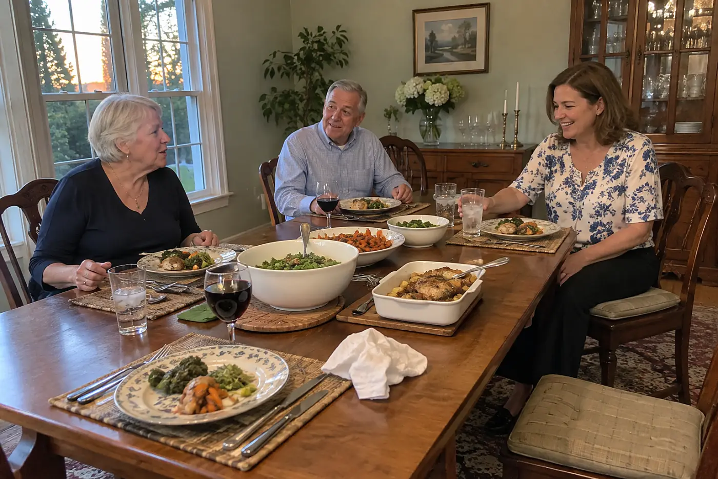 A woman in her seventies turns toward a guest during a dinner party in a dining room.