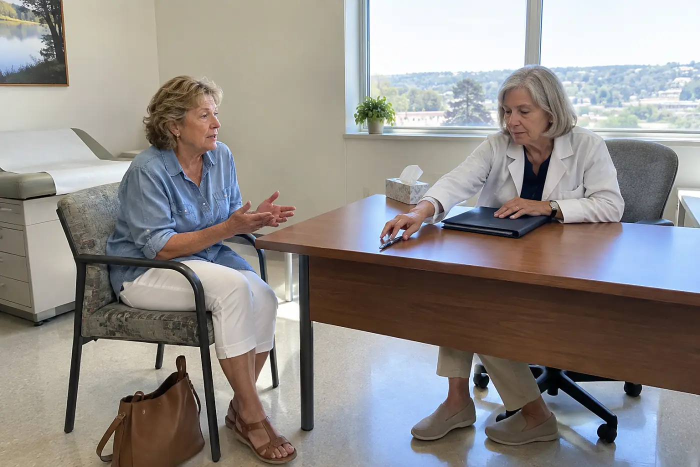 Older woman speaking with a clinician across an exam-room desk.
