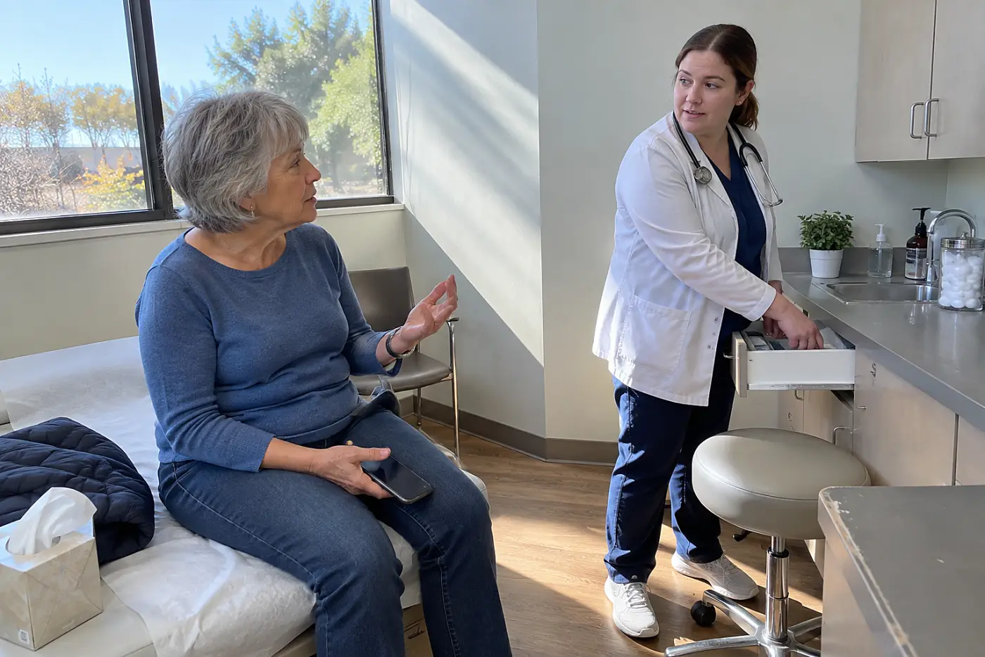 Older woman reading a question from her phone during a doctor's appointment.