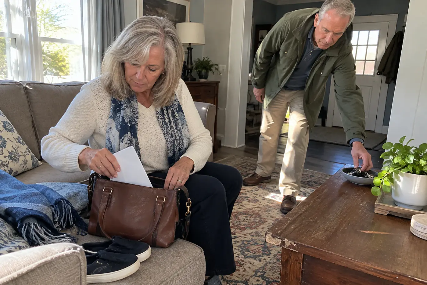 Older woman placing a printed travel reservation in her handbag at home.