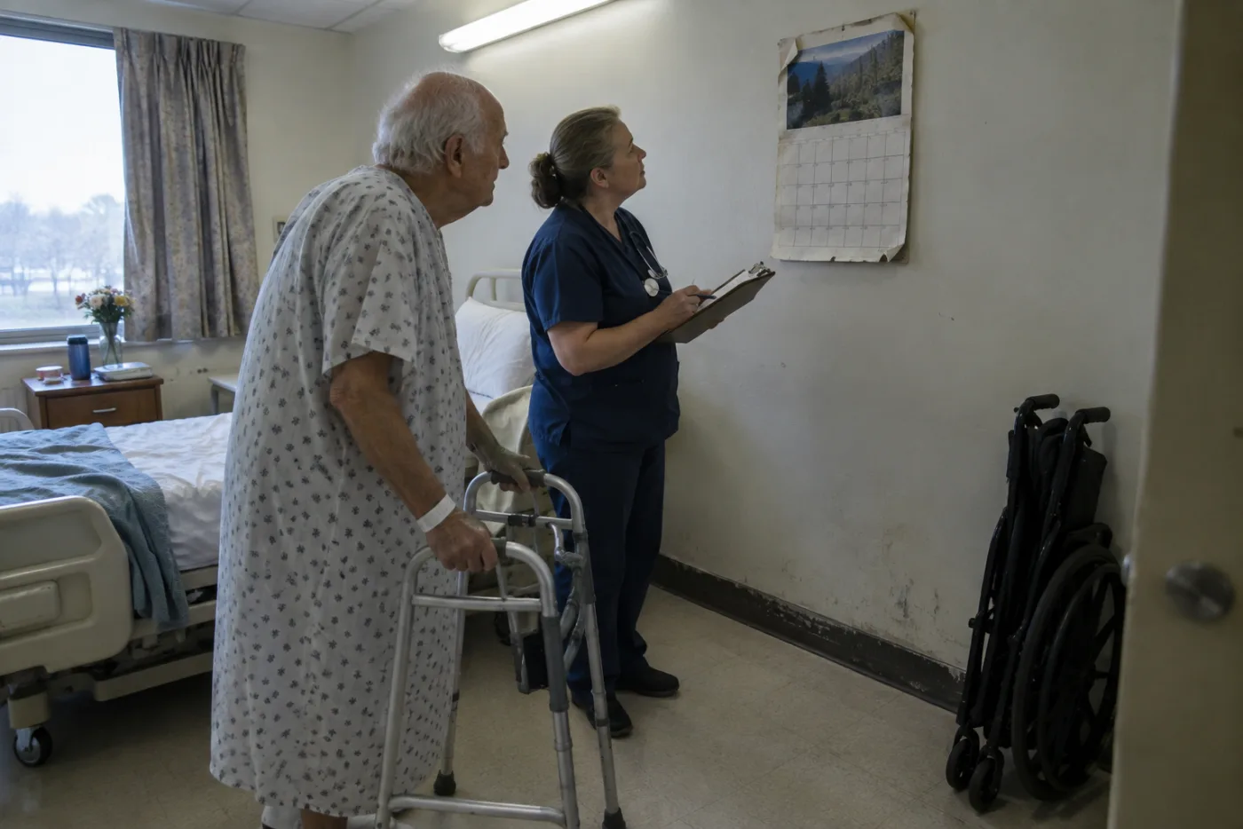 Nurse checking a calendar of hospital days beside an elderly patient with a walker