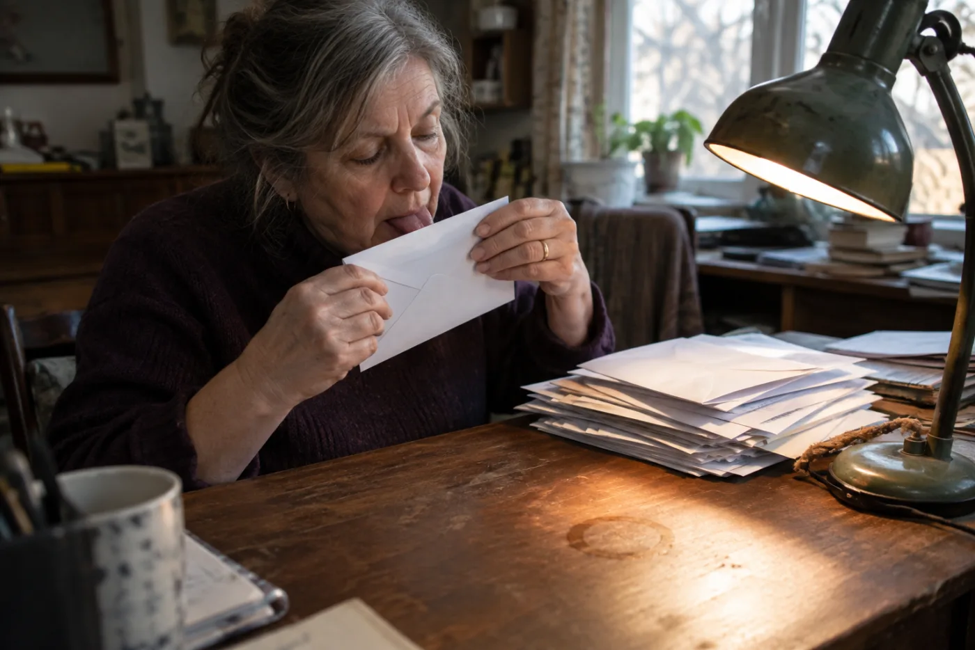 Woman sealing an envelope at a desk cluttered with bills under a desk lamp