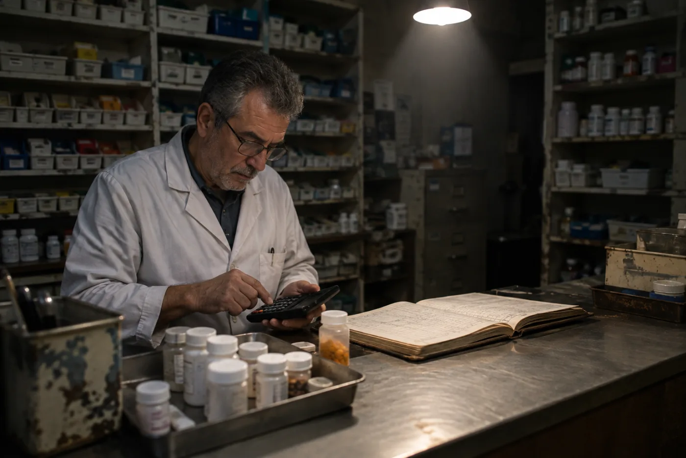 Pharmacist using a calculator while counting pill bottles on a metal tray