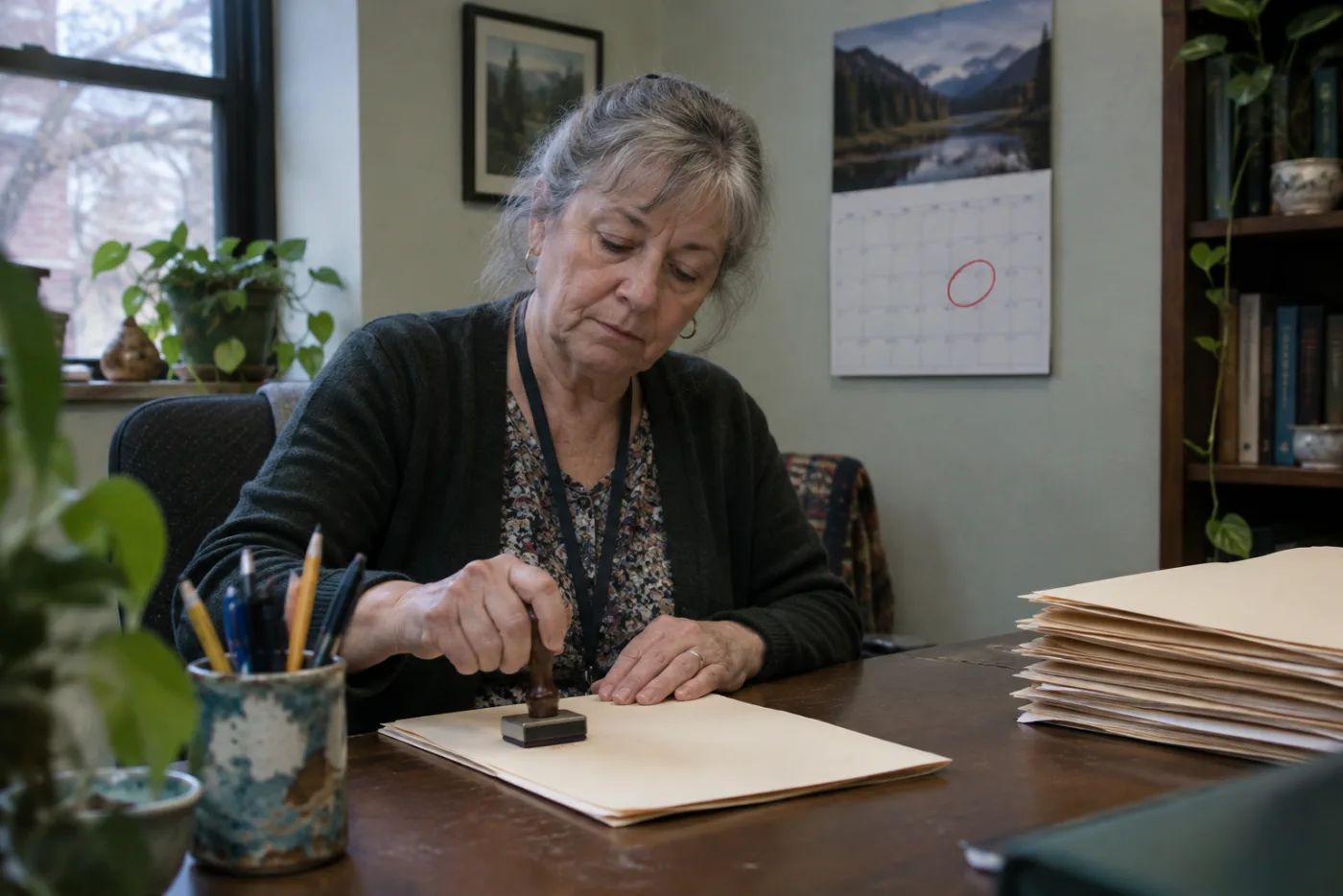Counselor stamping a date onto a folder beside a wall calendar with circled month
