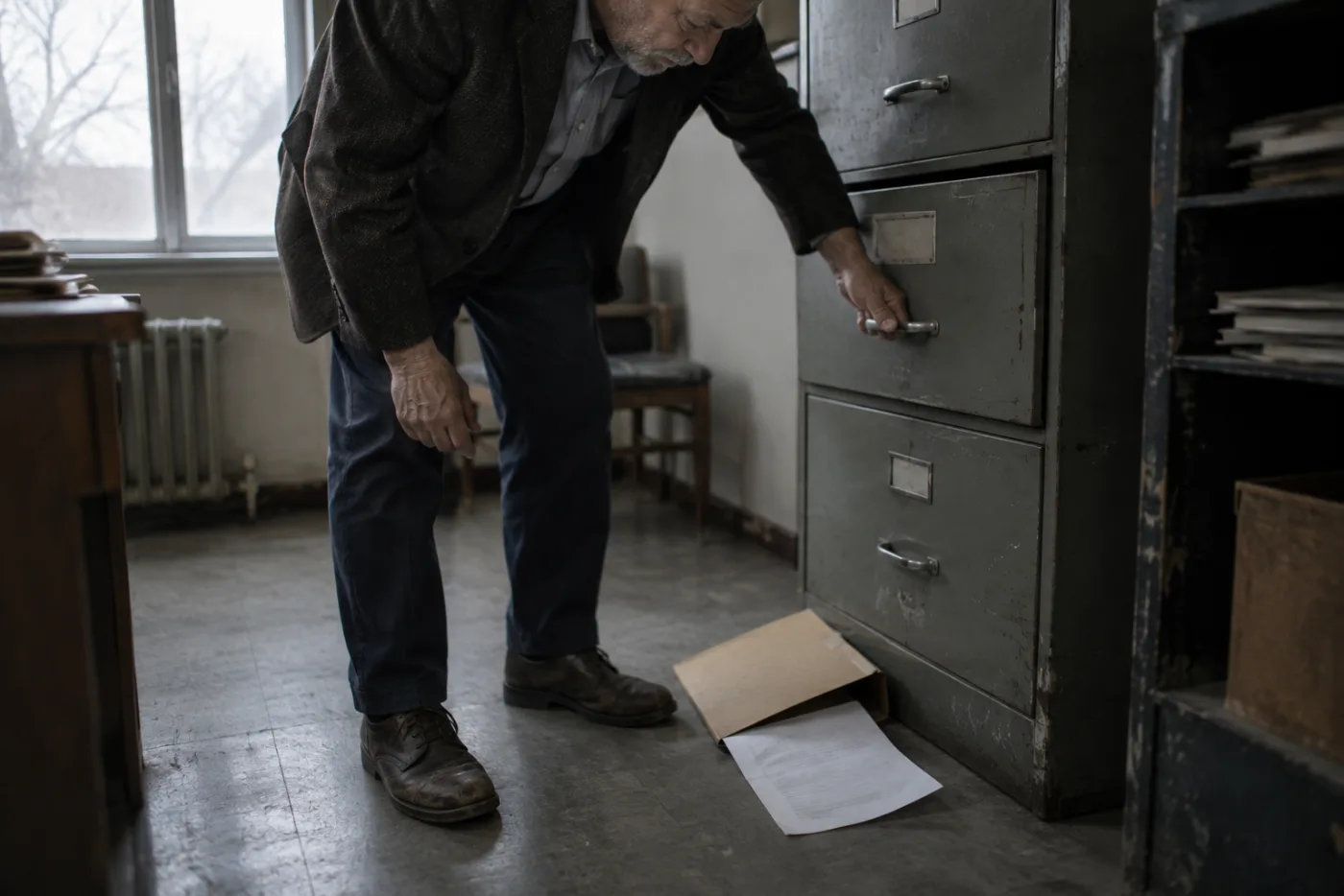Man closing a filing cabinet drawer as a rejected application slips to the floor