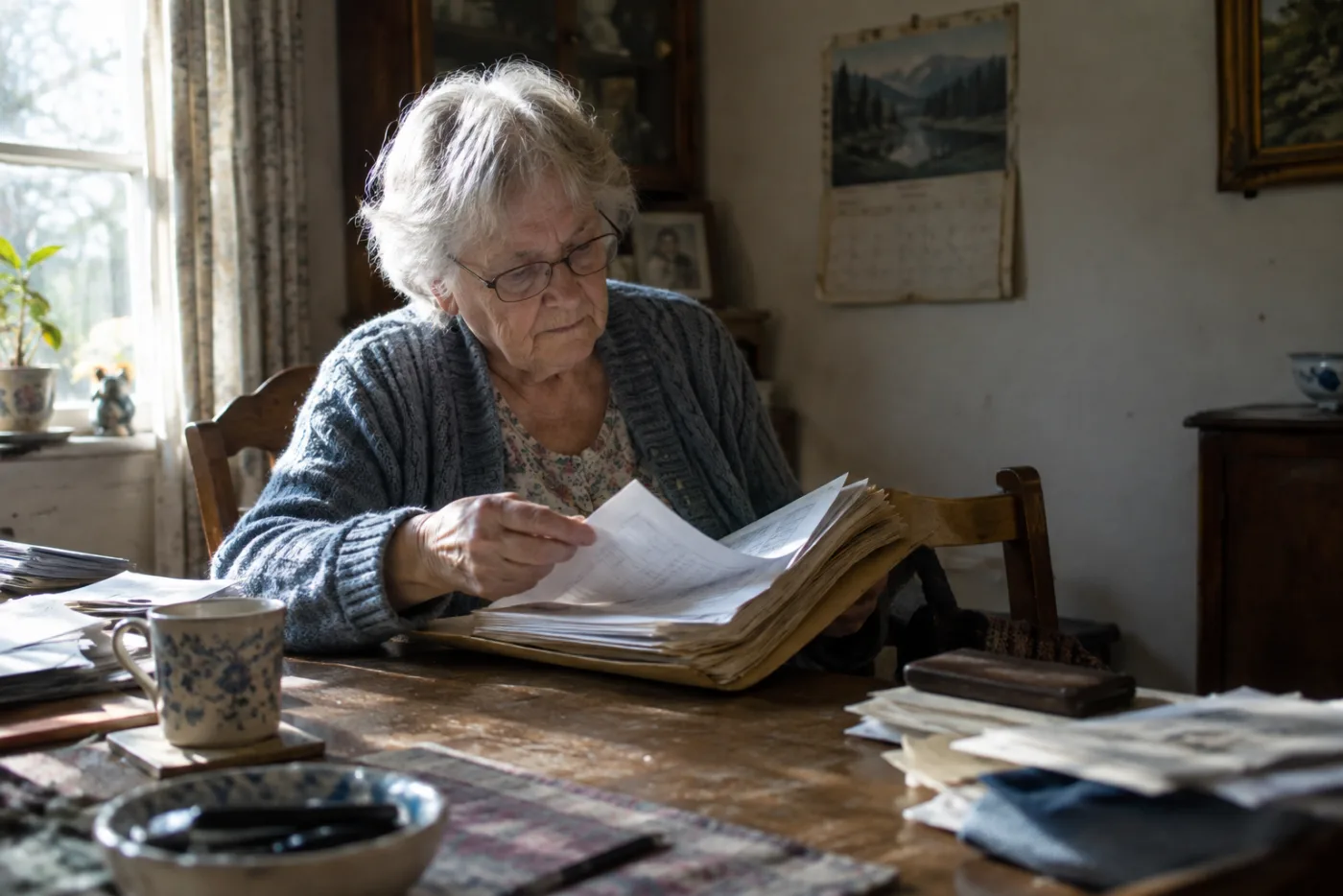Woman flipping through an old tax folder at a cluttered dining table
