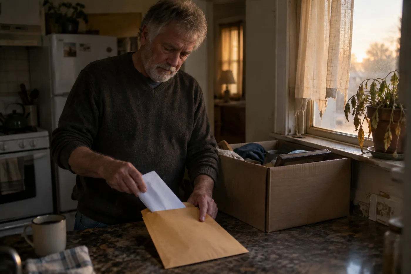 Man folding a termination letter into an envelope beside a moving box