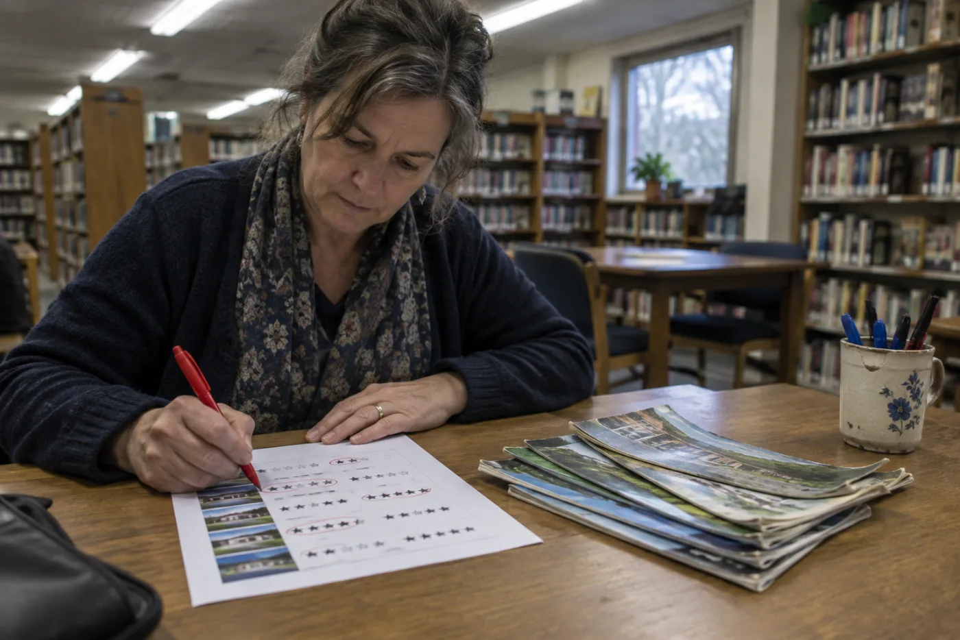 Woman circling star ratings on a printed plan comparison sheet at a library table