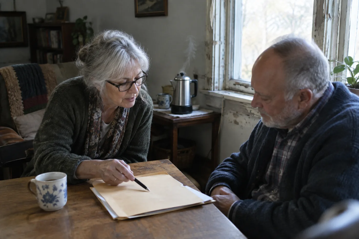 Counselor pointing at a folder while explaining Medicare options to a client