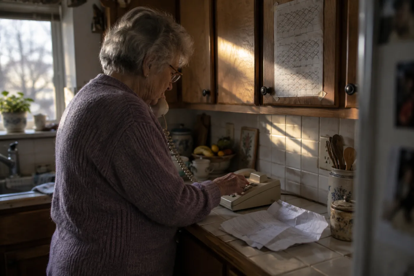 Woman dialing a corded phone beside a crumpled enrollment notice on the counter