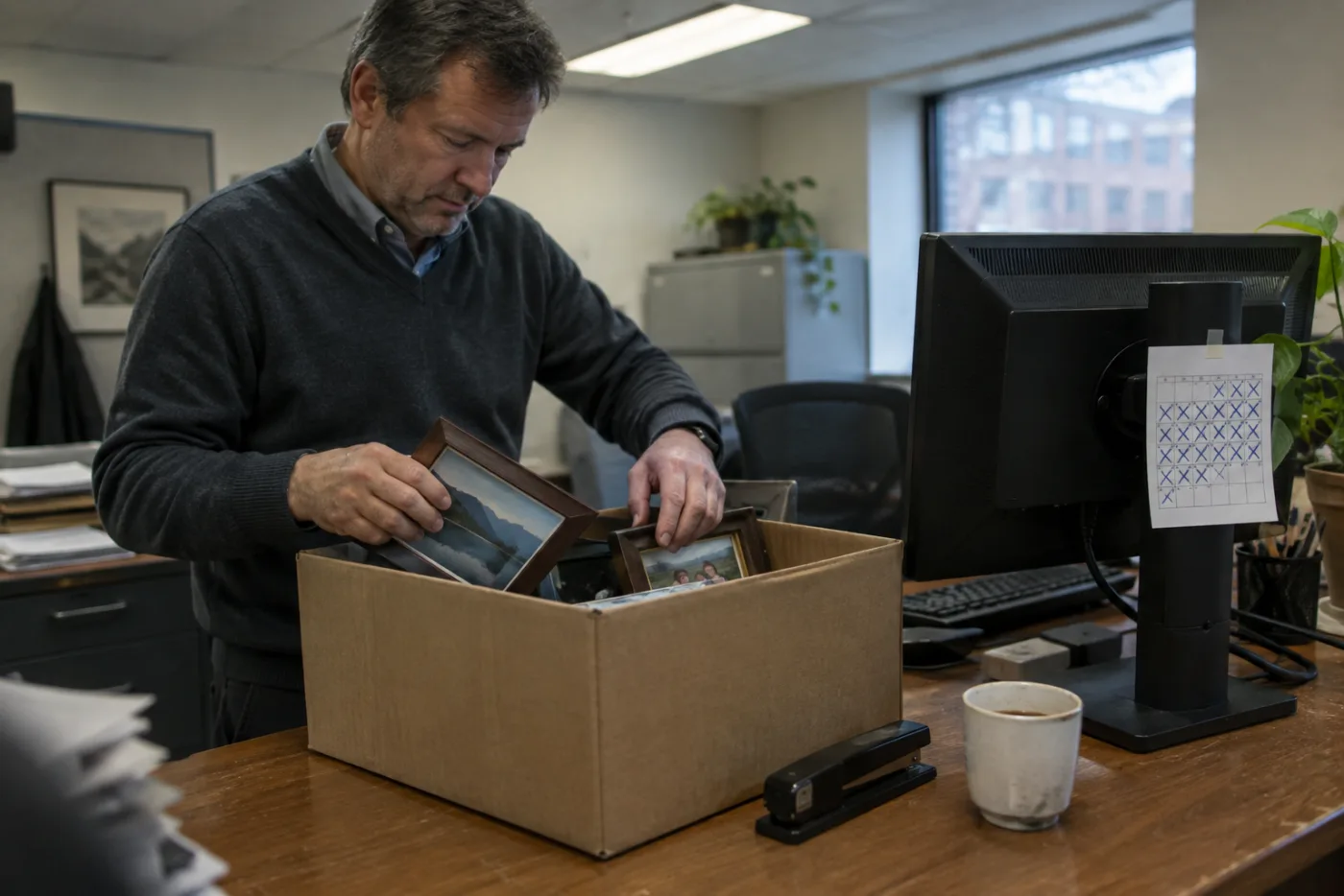 Man packing an office box beside a calendar with counted-down days taped to a monitor