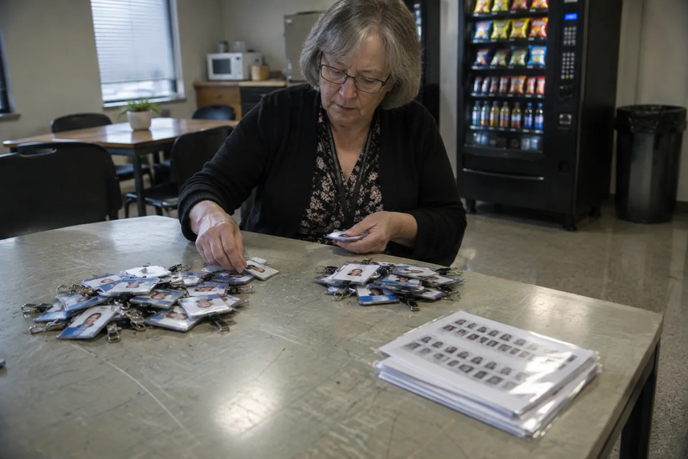 Woman sorting employee badges into two piles on a break room table