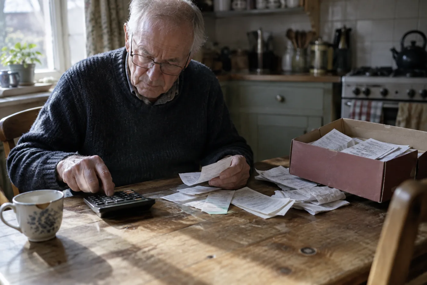 Man calculating medical receipts at a kitchen table with a shoebox of bills