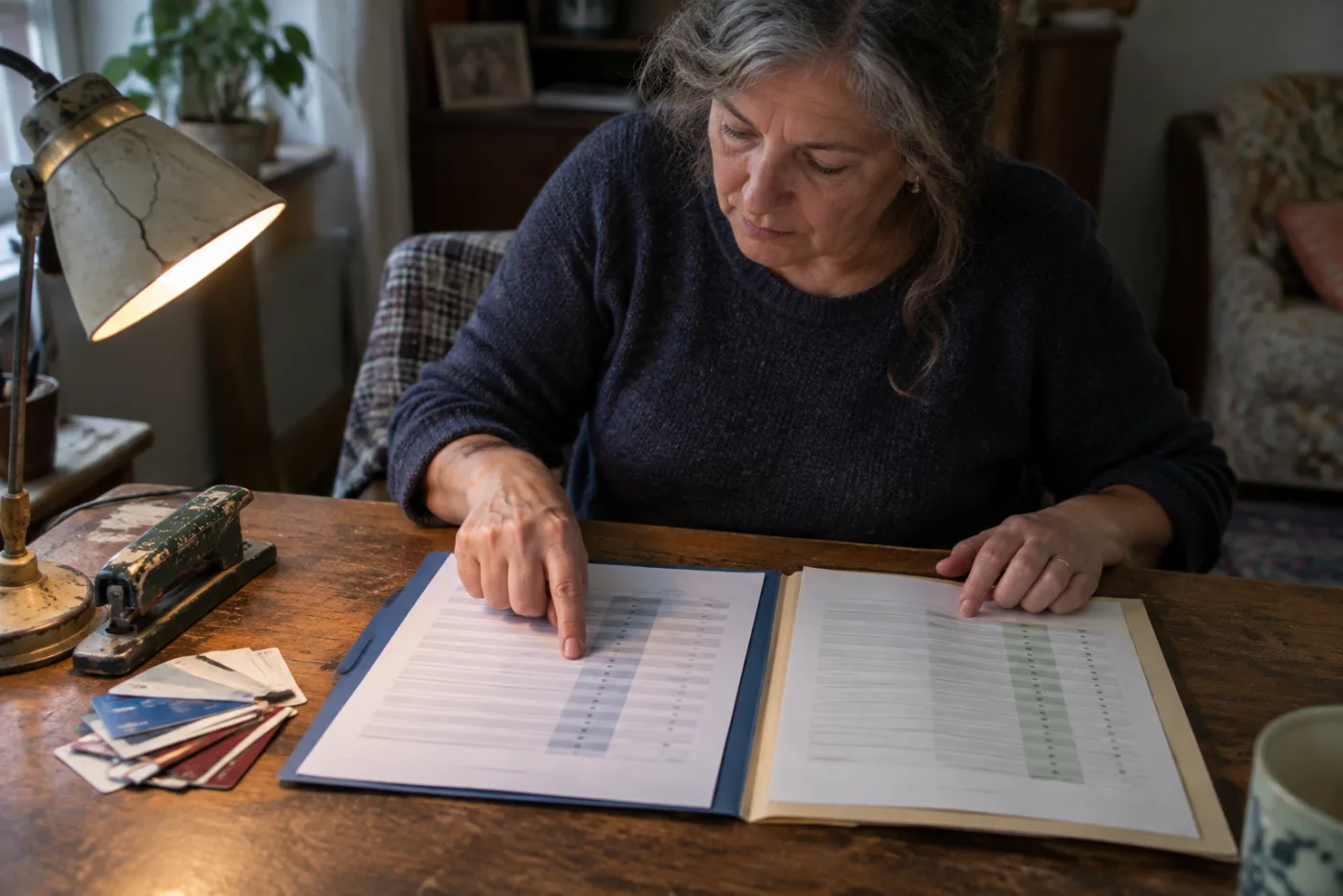 Woman comparing two insurance folders with matching benefit columns on a desk