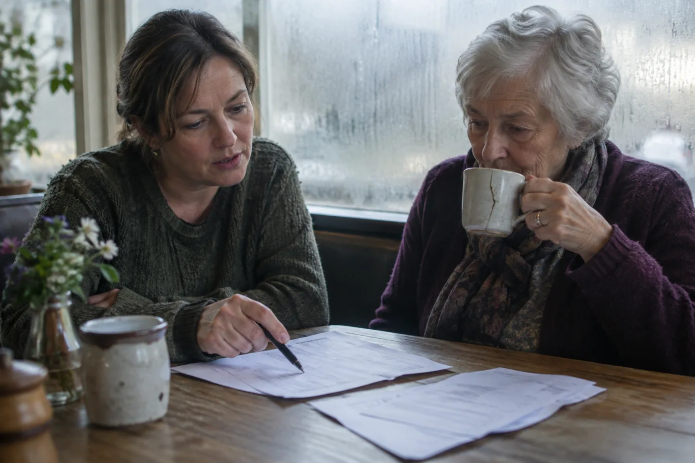 Two women comparing printed premium bills across a cafe table