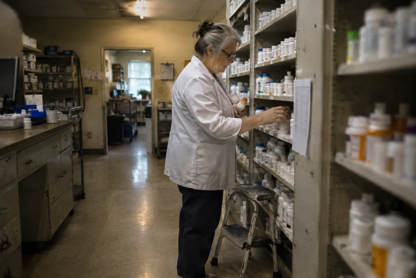 Pharmacist restocking pill bottles beside a taped printed cost sheet on the shelf
