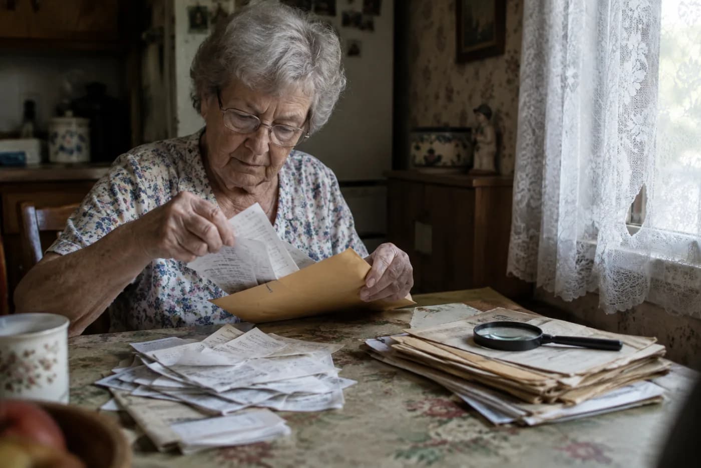 Woman sorting pharmacy receipts into an envelope with a magnifying glass nearby